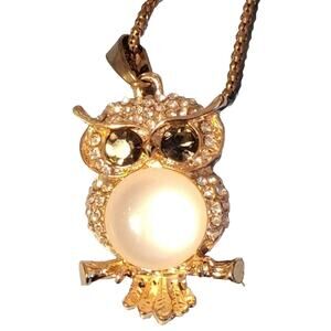Vintage Large Rhinestone Owl Pendant Necklace- Moonglow Jelly Belly wh04-14